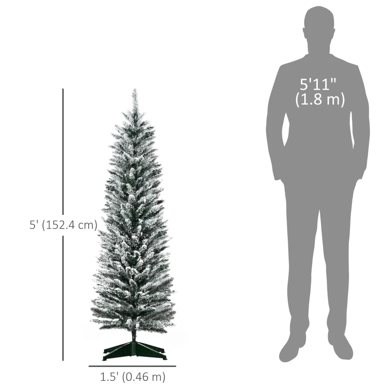 HOMCOM 5ft Tall Pencil Artificial Christmas Tree, Holiday Décor with Snow Flocked Branches, Green