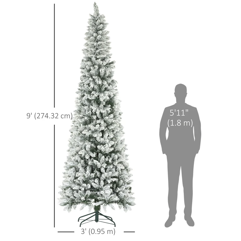 HOMCOM 9ft Pencil Christmas Tree, Flocked Tree with 1277 Branch Tips and Metal Base for Home, Indoor, Holiday