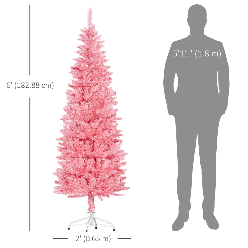 HOMCOM 6ft Tall Pencil Artificial Christmas Tree with 479 Branch Tips with Steel Base, Pink