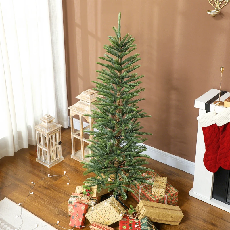 HOMCOM 5 ft Artificial Fir Pencil Christmas Tree, Hinged Xmas Tree with 316 Branch Tips and Metal Stand, Easy Assembly, Green