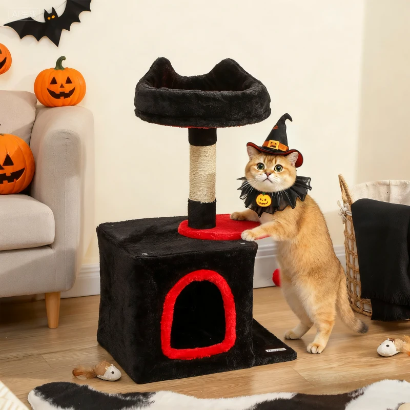 PawHut 28" Gothic Cat Tree Tower with Plush Top Bed, Cozy Condo, Sisal Scratching Post, Perch, Dangling Ball, Red & Black