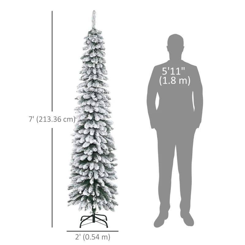 HOMCOM 7ft Snow-Flocked Artificial Christmas Tree, Slim Pencil Xmas Tree with 490 Realistic Branches, Metal Base, Green
