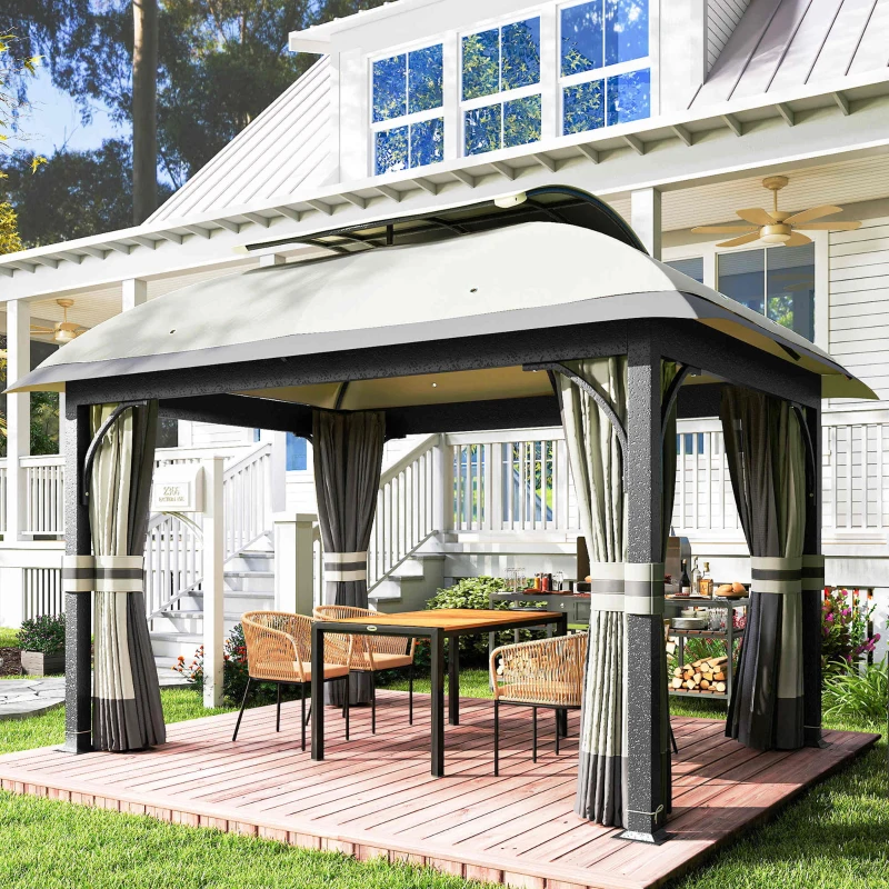 Outsunny 11' x 13' Patio Gazebo, Double Roof Outdoor Gazebo Canopy with Netting & Curtains, Galvanized Metal Frame, Light Grey