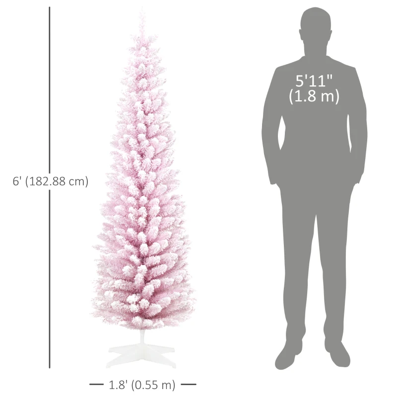 HOMCOM 6ft Flocked Christmas Tree, Pencil Artificial Christmas Tree with Realistic Branches, Pink