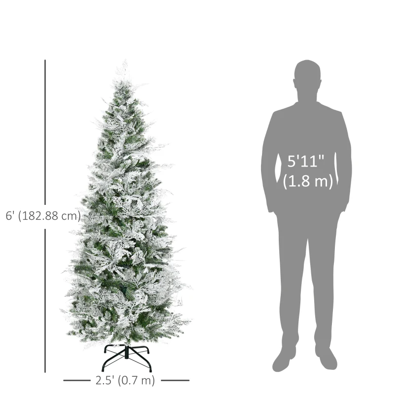 HOMCOM 6 Feet Pencil Snow Flocked Artificial Christmas Tree with 517 Realistic Cypress Branches, Auto Open, Green