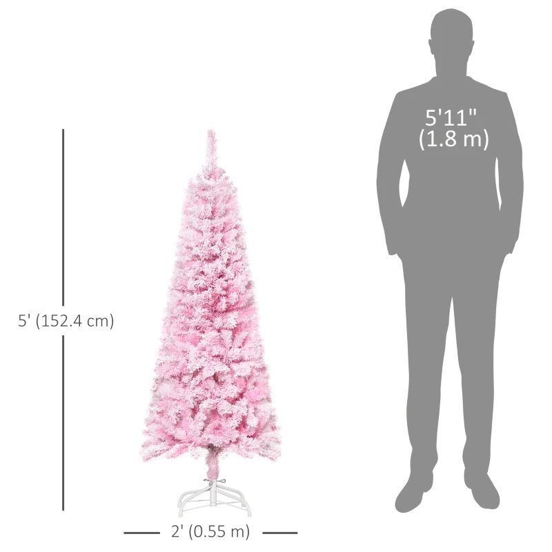 HOMCOM 5 FT Snow Flocked Artificial Christmas Tree, Pencil Xmas Tree with Realistic Branches, Auto Open and Steel Base, Pink