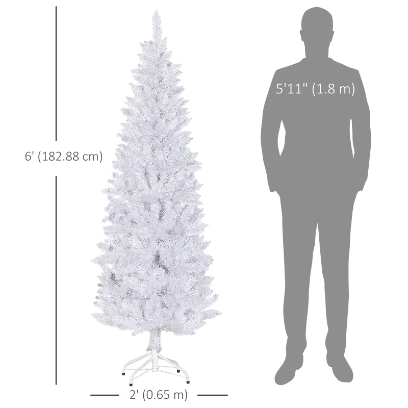 HOMCOM 6ft Tall Pencil Artificial Christmas Tree with 479 Branch Tips with Steel Base, White
