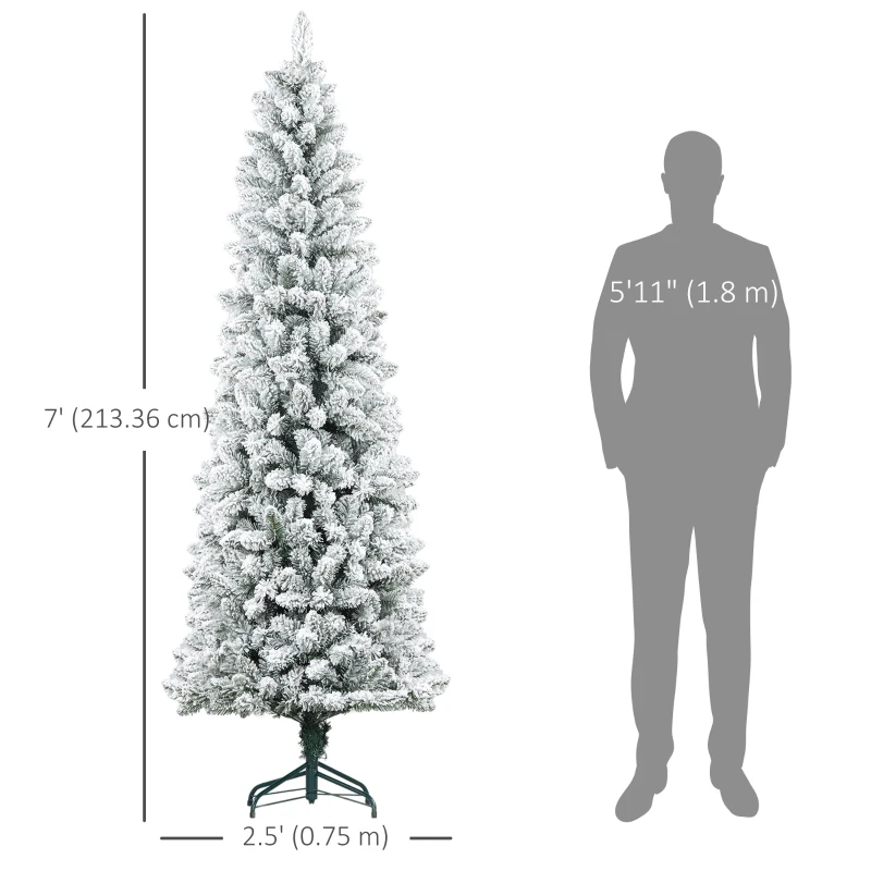 HOMCOM 7ft Pencil Christmas Tree, Flocked Tree with 687 Branch Tips and Metal Base for Home, Indoor, Holiday