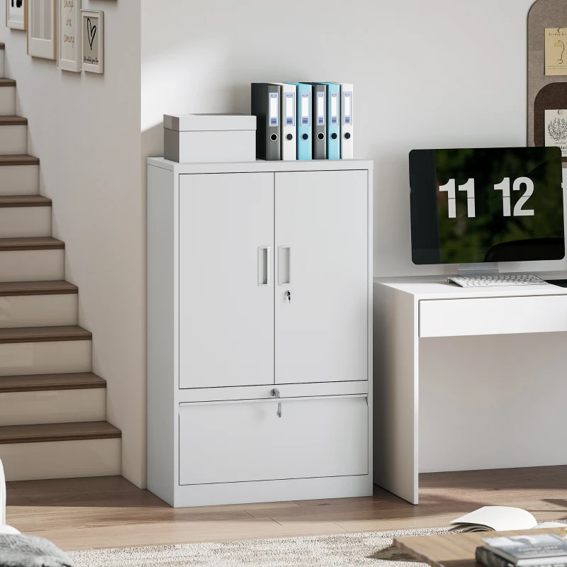 HOMCOM Lateral Filing Cabinet, Metal Storage Cabinet, Garage Cabinet with Double Locks, Adjustable Shelf and File Drawer, White