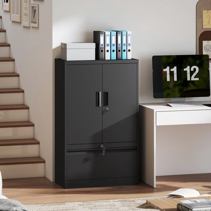 HOMCOM Lateral Filing Cabinet, Metal Storage Cabinet, Garage Cabinet with Double Locks, Adjustable Shelf and File Drawer, Black