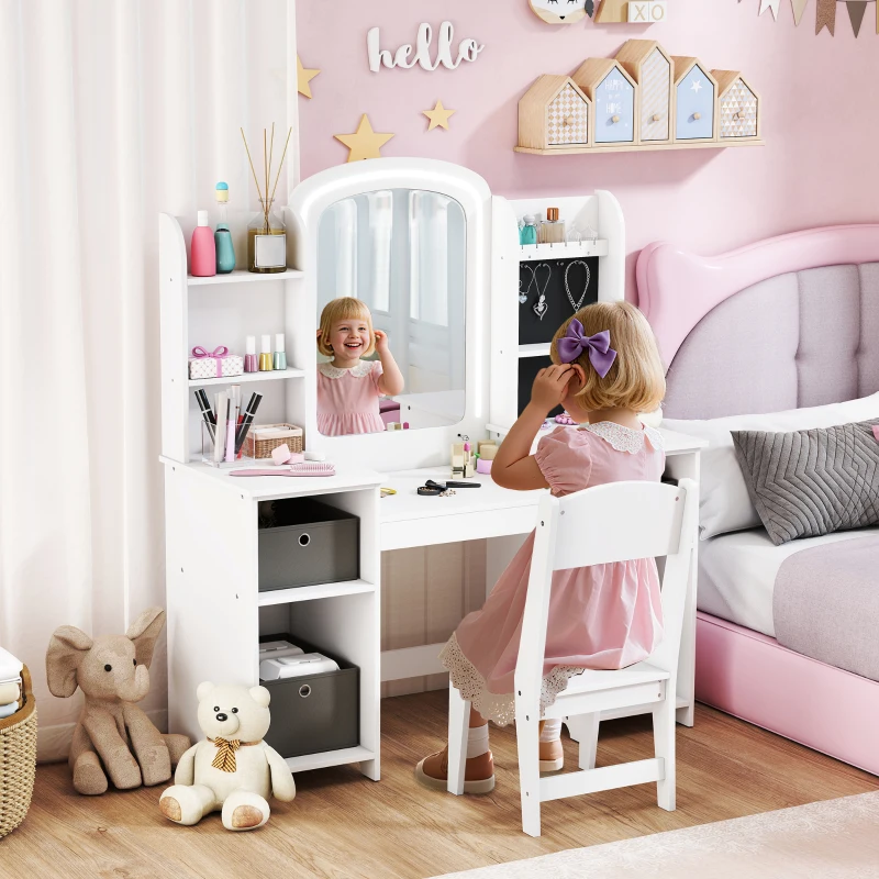 Qaba Kids Vanity Table and Chair, Toddler Dressing Table and Chair Set with Lighted Mirror for Little Girls, White