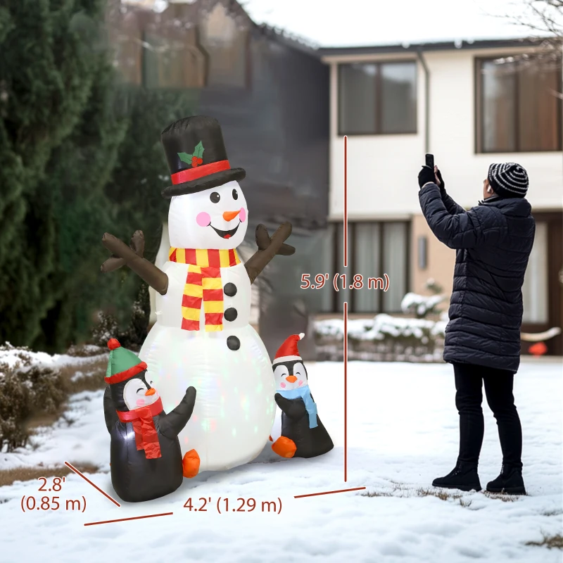 Outsunny 6FT Christmas Inflatables Snowman & Penguins with LED Lights and Flashing Projector Light, Blow Up Inflatable Decoration