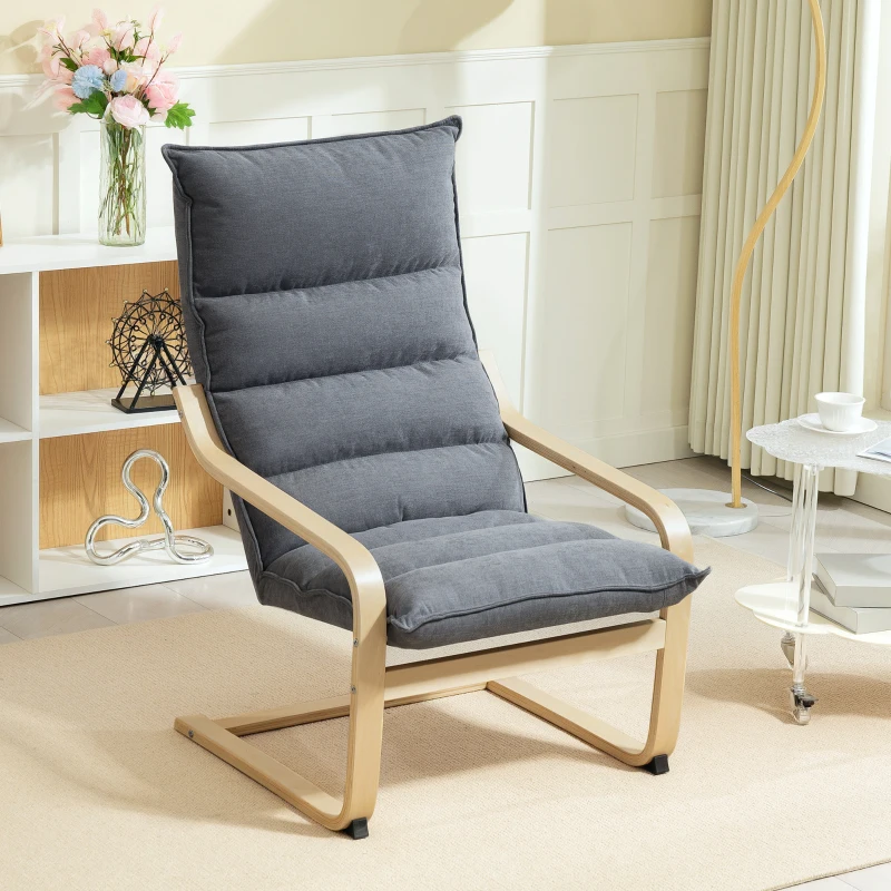 HOMCOM Birch Wood Fabric Modern Armchair, Accent Chair with Curved Leg and Arm for Living Room, Grey
