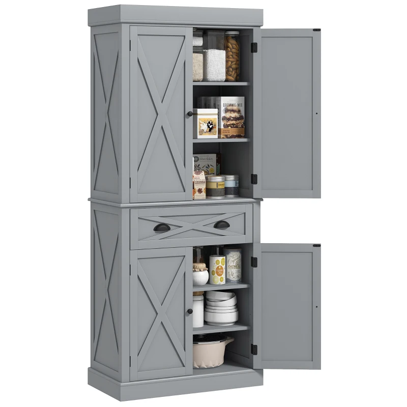 HOMCOM 72.5" Kitchen Pantry Cabinet, Freestanding Storage Cabinet with 4 Doors, Drawer and Adjustable Shelves, Grey