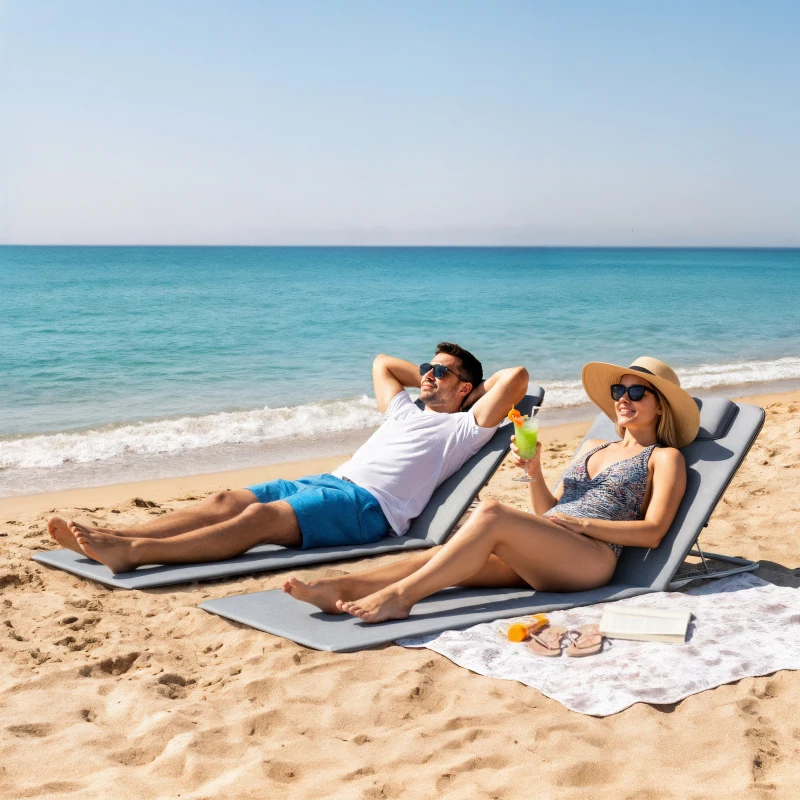 Outsunny 2 Pieces Beach Lounge Chair, Outdoor Folding Chaise Lounge Set w/ Pillow for Sunbath, Snap, Grey