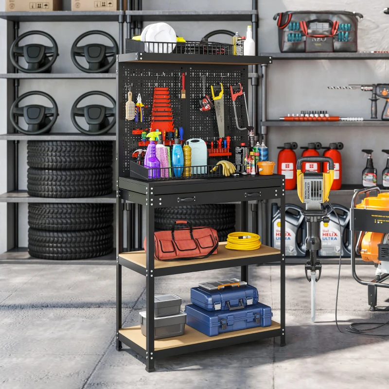 HOMCOM Work Bench with Pegboard, 31.5" Heavy Duty Metal Workbench with Hanging Kits, 2 Lower Shelves and Large Drawer, Black