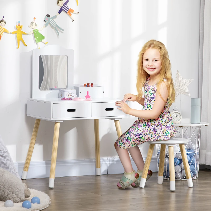 Qaba Kids Vanity Set with Mirror and Stool, Makeup Dressing Table with Drawers for Children Aged 3-6 Years, White