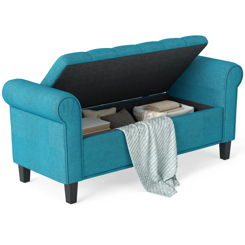 HOMCOM 50 Inches Storage Ottoman, End of Bed Bench with Rolled Arms, Wood Legs, Button Tufted Storage Bench, Teal