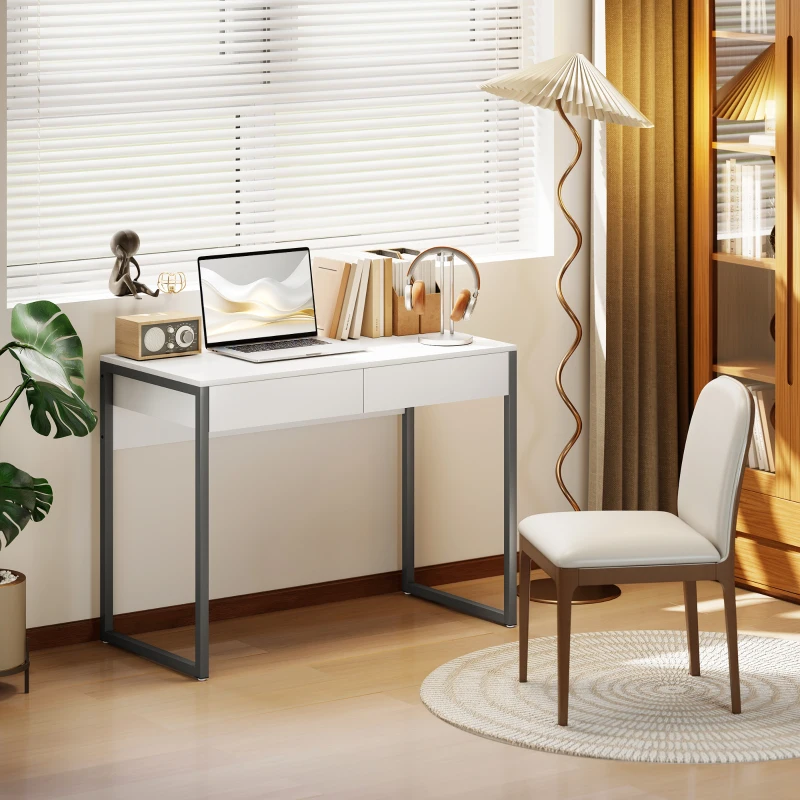 HOMCOM High Gloss Home Office Desk, 39" x 20" Computer Desk with 2 Drawers for Small Spaces, White and Grey