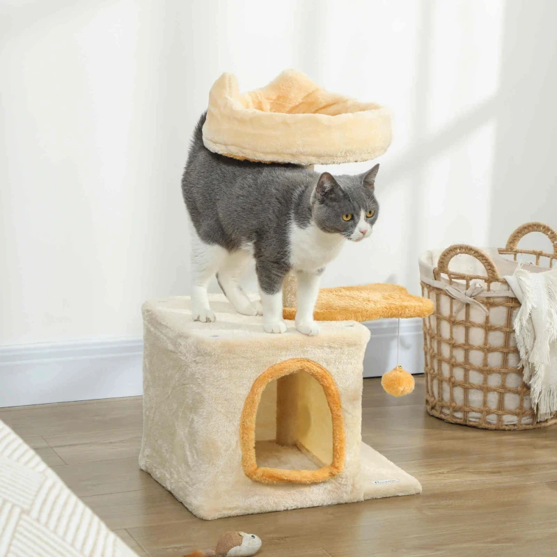 PawHut 28" Cat Tree Tower with Plush Top Bed, Cozy Condo, Sisal Scratching Post, Perch, Dangling Ball, Beige and Yellow