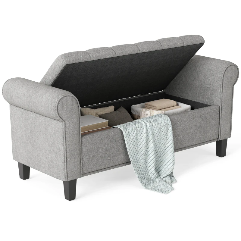 HOMCOM 50 Inches Storage Ottoman, End of Bed Bench with Rolled Arms, Wood Legs, Button Tufted Storage Bench, Gray