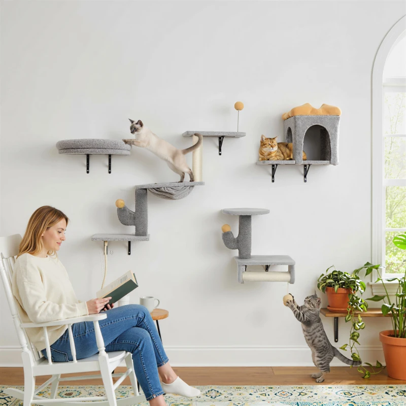 PawHut Cat Wall Shelves, 4 Pcs Cat Wall Furniture Set with Scratching Posts, Condo, Hammock, Perchs, Light Grey