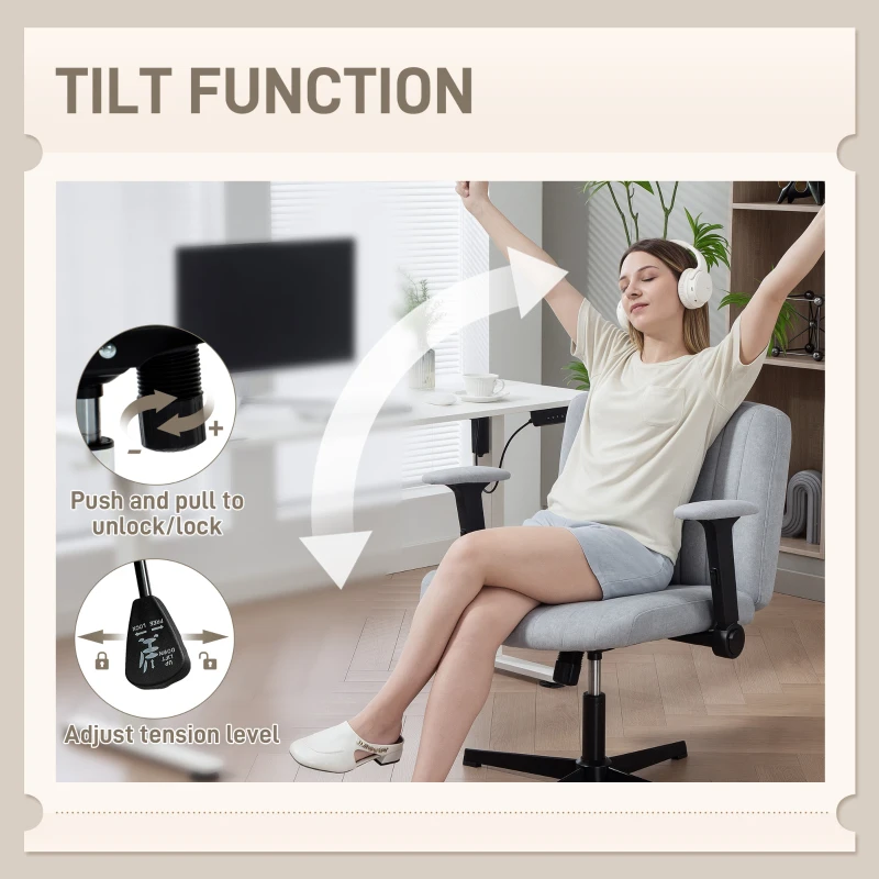 HOMCOM Criss Cross Chair with Flip-up Armrests, Wide Office Chair with Adjustable Height, Tilting, No Wheels, Grey