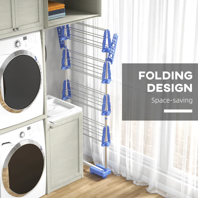 HOMCOM Garment Drying Rack Stainless Steel Folding Clothes Hanging Rack with Side Wings Castors for Indoor Outdoor Blue