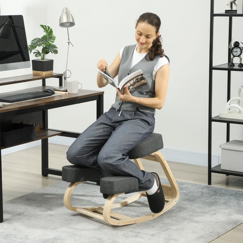 HOMCOM Ergonomic Kneeling Chair, Wood Kneel Stool with Thick Pads, Desk Knee Chair, Improve Posture, Dark Grey
