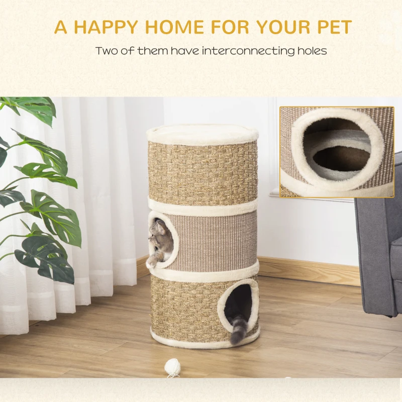PawHut Cat Condo 3 Story Three Holes with Sisal Seaweed Scratching Cover Surface, Cat Tower for Indoor Cats, 15" x 28", Khaki and Brown