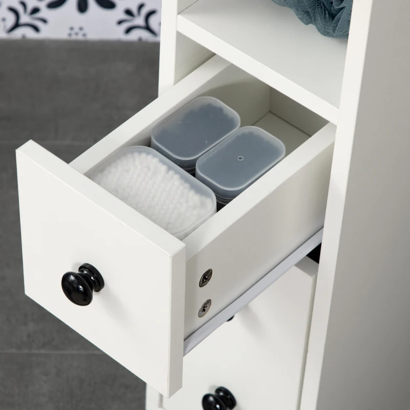 kleankin Slim Bathroom Cabinet with Wheels, Narrow Bathroom Storage Cabinet with Door, Drawer and 2 Open Compartments, White