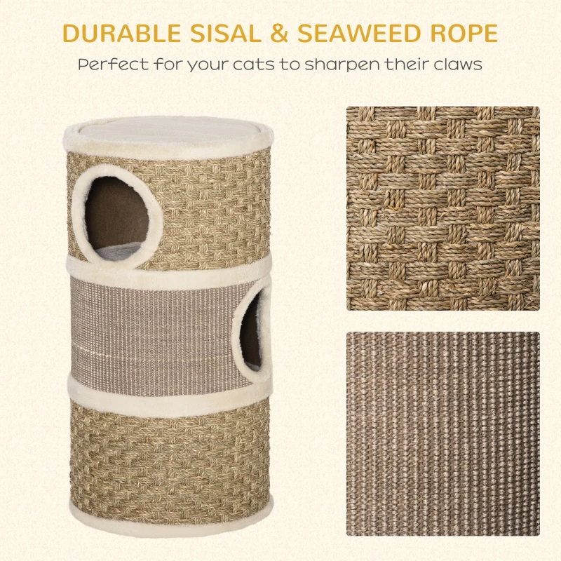 PawHut Cat Condo 3 Story Three Holes with Sisal Seaweed Scratching Cover Surface, Cat Tower for Indoor Cats, 15" x 28", Khaki and Brown