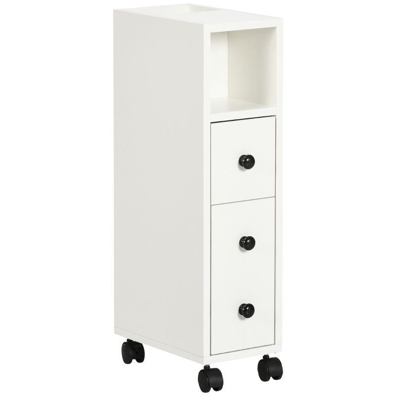 kleankin Slim Bathroom Cabinet with Wheels, Narrow Bathroom Storage Cabinet with Door, Drawer and 2 Open Compartments, White