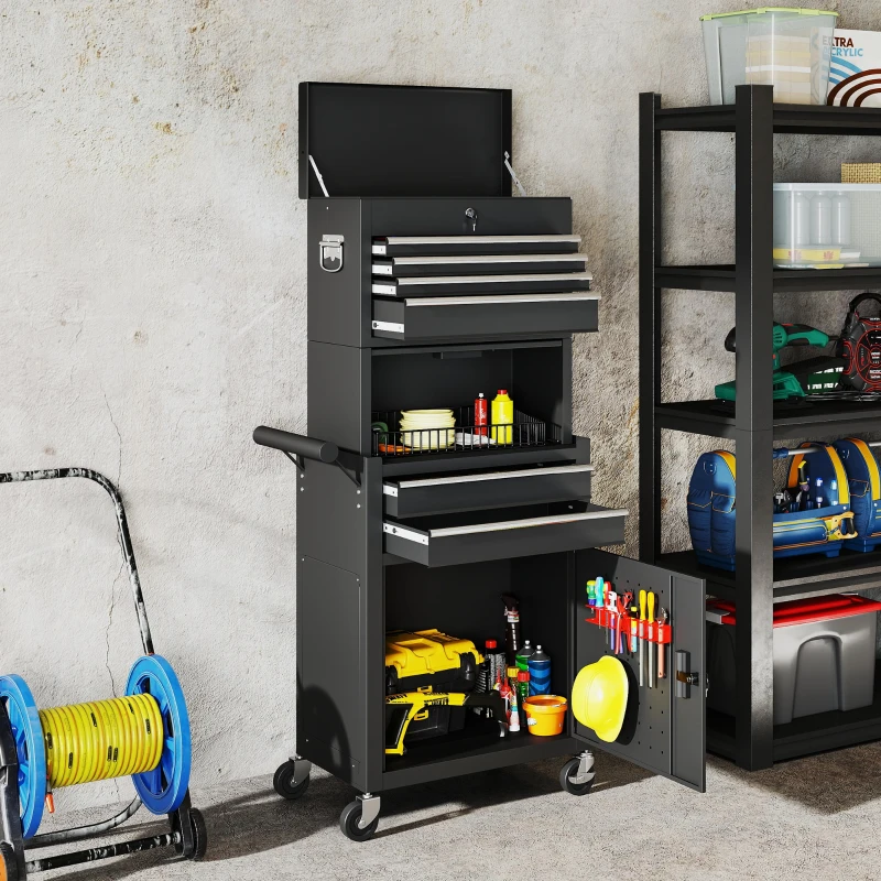 HOMCOM Large Tool Cabinet, 3-in-1 Rolling Tool Chest, Detachable Tool Storage Organizer with 6 Drawers and Pegboard, Black