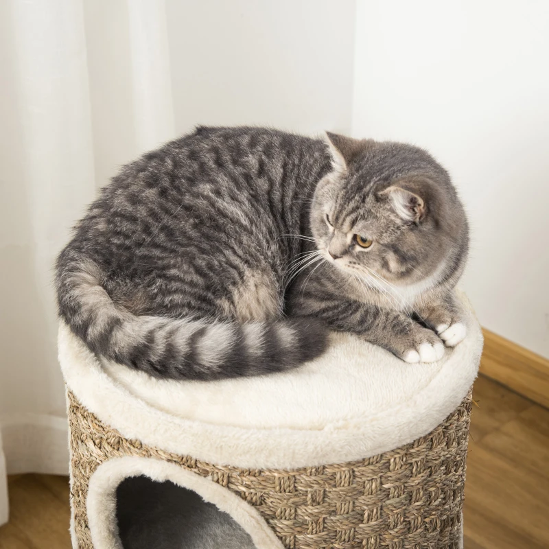 PawHut Cat Condo 3 Story Three Holes with Sisal Seaweed Scratching Cover Surface, Cat Tower for Indoor Cats, 15" x 28", Khaki and Brown
