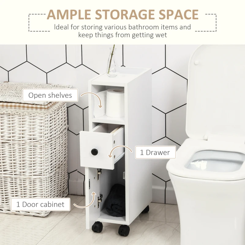 kleankin Slim Bathroom Cabinet with Wheels, Narrow Bathroom Storage Cabinet with Door, Drawer and 2 Open Compartments, White