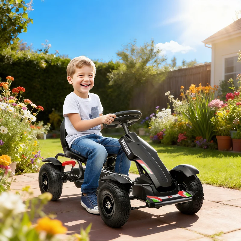 Aosom Pedal Go Kart for Kids, Pedal Car with Adjustable Bucket, Handbrake, 4 Rubber Wheels Powered Ride, Black