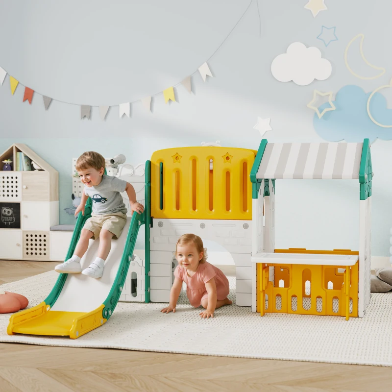 Qaba 7-in-1 Toddler Slide, Kids Slide Climber Playset with Playhouse and Basketball Hoop for 1-4 Years, Yellow