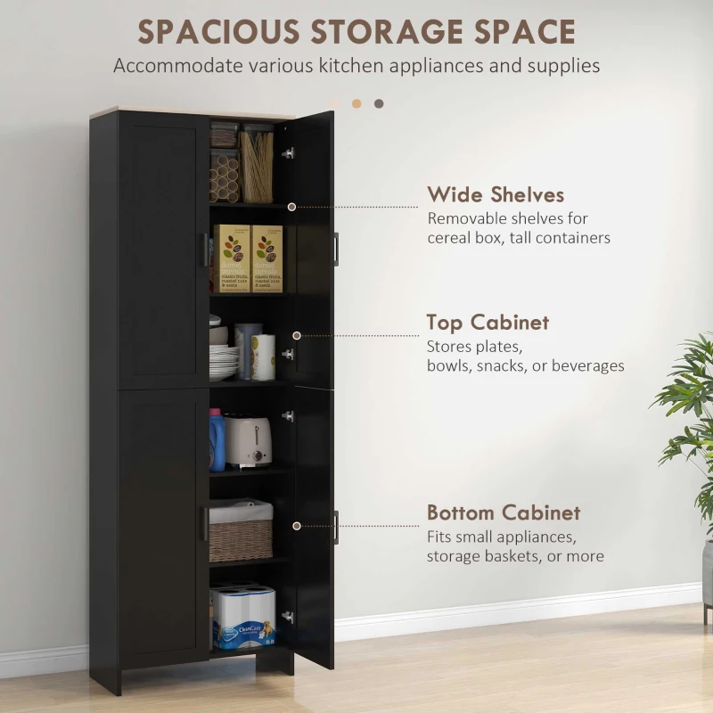 HOMCOM 67" 4-Door Kitchen Pantry Cabinet, Freestanding Storage Cabinet Cupboard with Adjustable Shelves, Black