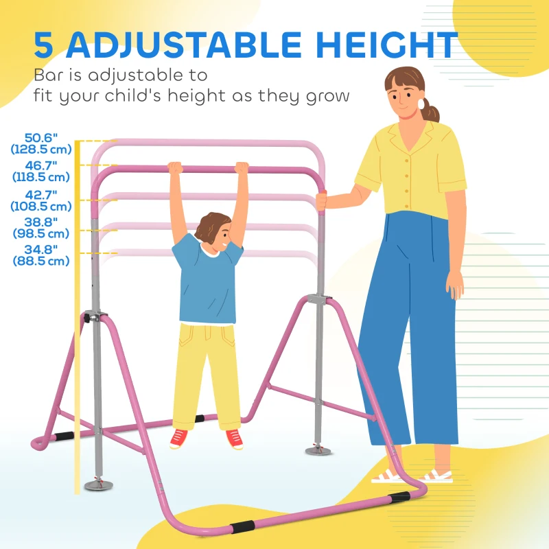 Qaba Foldable Gymnastics Bar for Kids, Expandable Gymnastics Equipment with Adjustable Height for Boys Girls, Pink