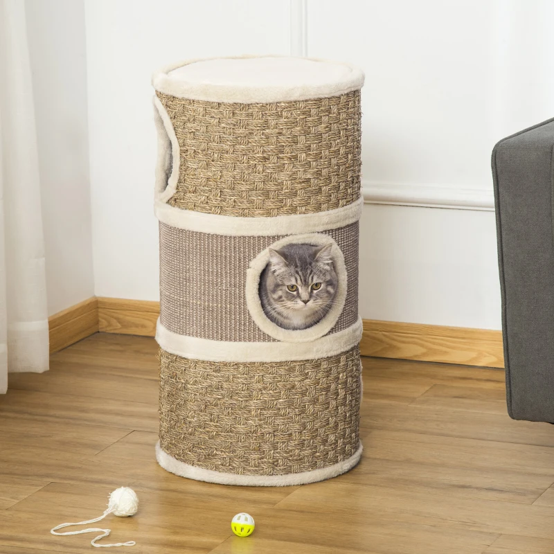 PawHut Cat Condo 3 Story Three Holes with Sisal Seaweed Scratching Cover Surface, Cat Tower for Indoor Cats, 15" x 28", Khaki and Brown