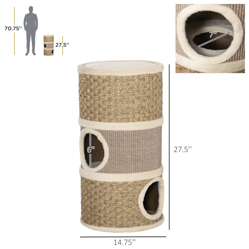 PawHut 28 Inch Cat Condo, 3 Story Cat Hideaway with Sisal Scratching Pad