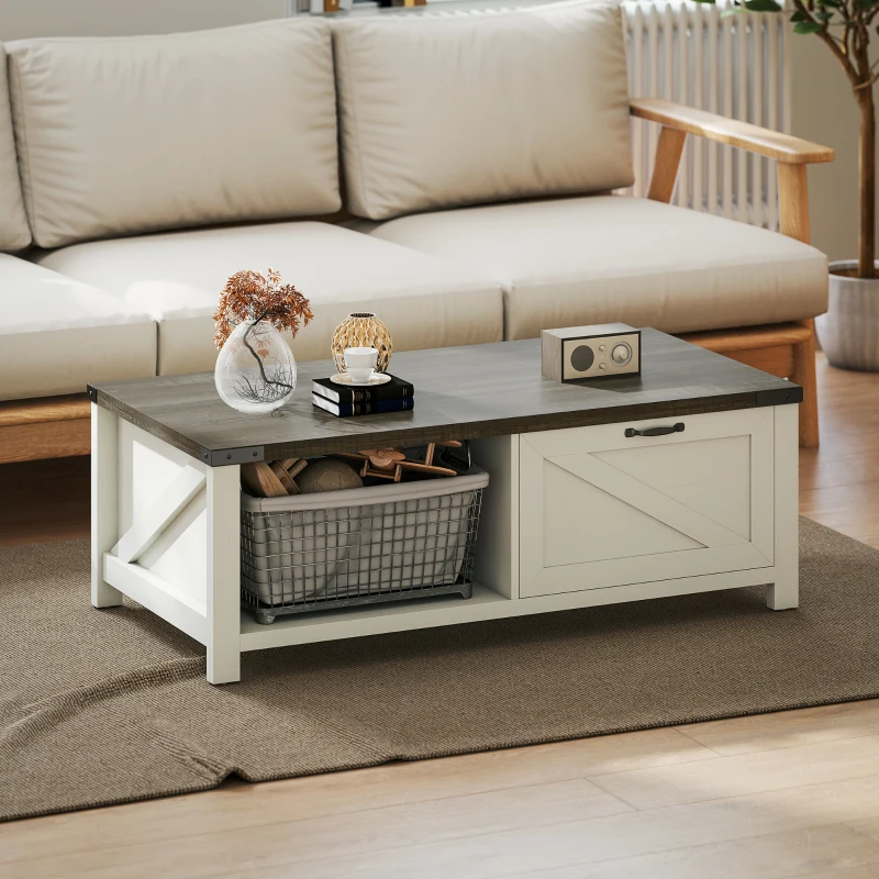 HOMCOM Farmhouse Coffee Table with Drawer, Open Storage Shelf for Living Room, Dining Room, Office, Distressed White