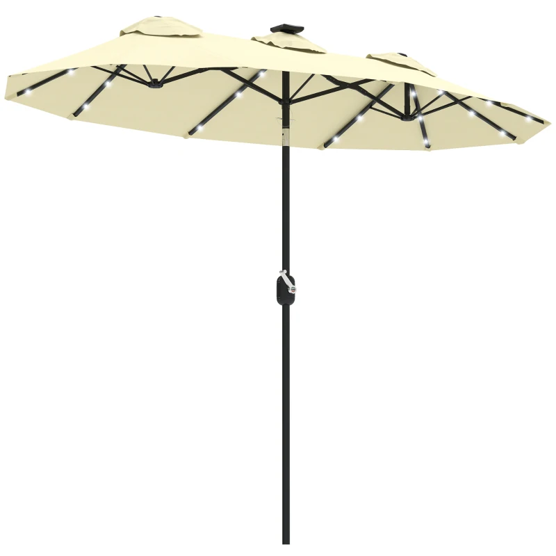 Outsunny Double-sided Patio Umbrella, 9.7' Outdoor Umbrella with Tilt and Crank, LED Solar Light and 12 Ribs, Cream White