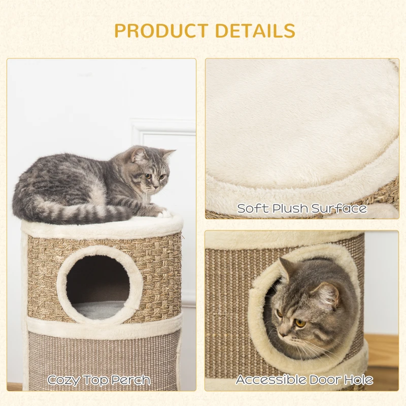 PawHut Cat Condo 3 Story Three Holes with Sisal Seaweed Scratching Cover Surface, Cat Tower for Indoor Cats, 15" x 28", Khaki and Brown