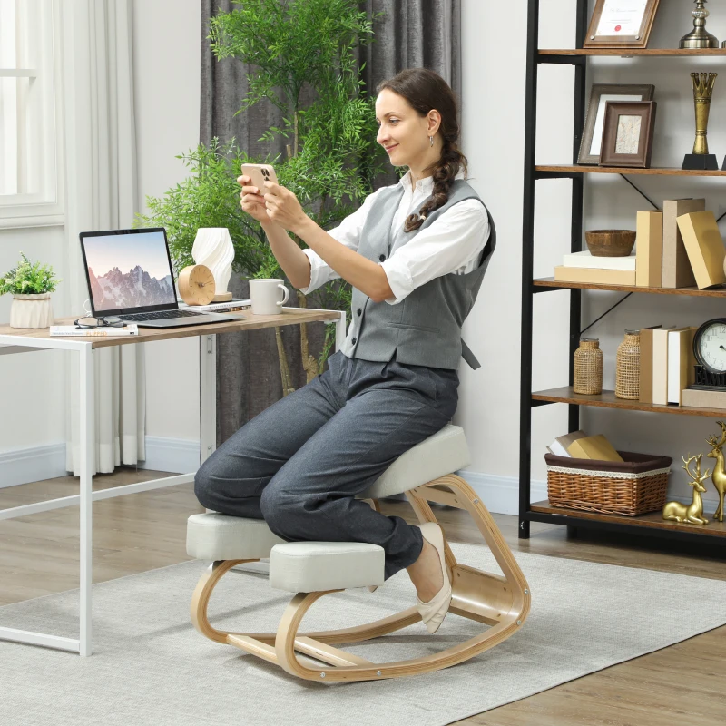 HOMCOM Ergonomic Kneeling Chair, Wood Kneel Stool with Thick Pads, Desk Knee Chair, Improve Posture, Cream White