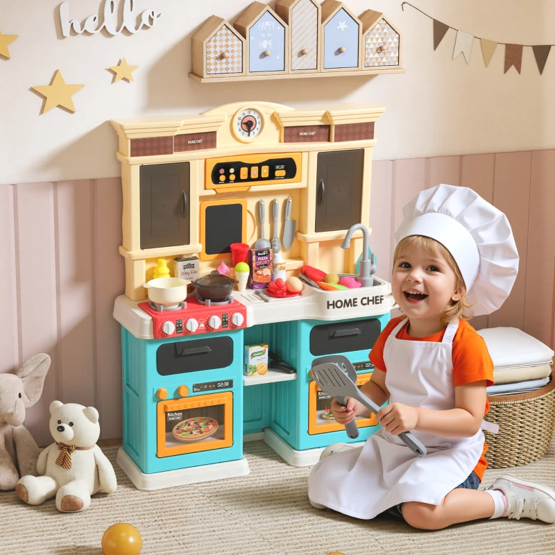 Qaba Play Kitchen Set, Kids Kitchen Playset with Real Lights and Sounds, Sink, Stove, Clock, Accessories, Green