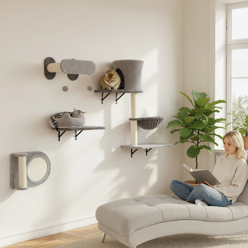 PawHut 4Pcs Cat Wall Shelves with Scratching Post & Pad, Condo, Hammock, Bed, Step, Hanging Pompoms, Perches