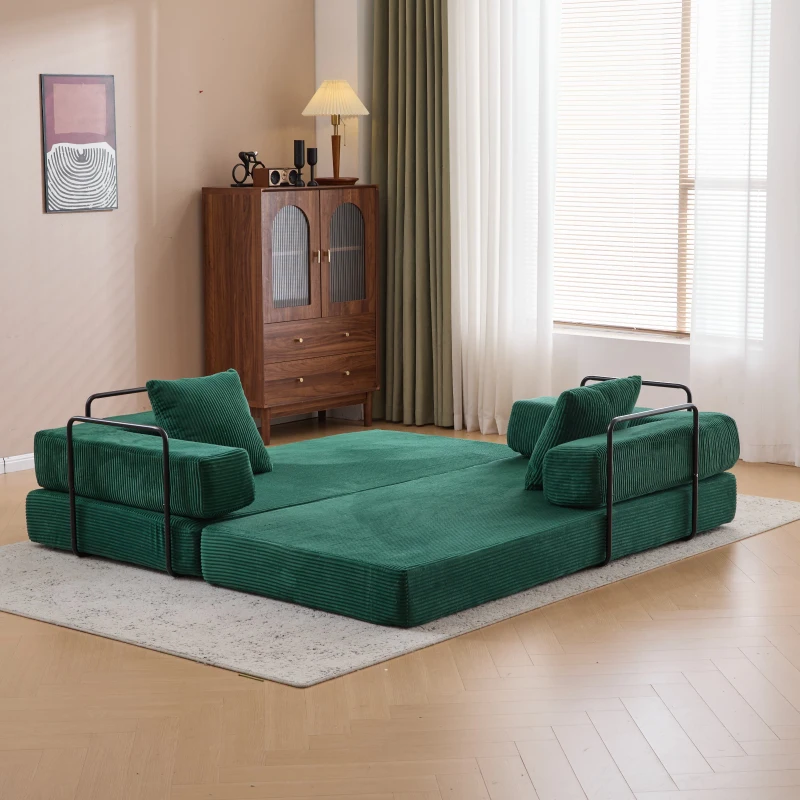 Apartment Sofa Convertible Floor Sofa Bed with Pillow Back Support and Armrest, Compressed Sofa Lounge Sleeper with Corduroy Fabric, 77'' L x 37.5'' W x 23.5'' H, Dark Green