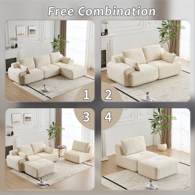 Compressed Sofa Modern Memory Foam Sectional, Pet-Friendly Corduroy Couch, Extra Deep Loveseat for Living Room, 120" L x 71" W x 28.5" H, Beige